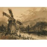 Attributed to David Cox (1783-1859), figures in a river valley by a windmill, watercolour, signed,