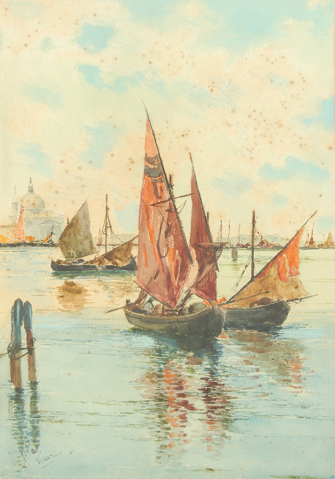 Sailing boats on the lagoon, Venice, watercolour, signed and inscribed, 14.75" x 10.5", (37.5x26. - Image 2 of 4