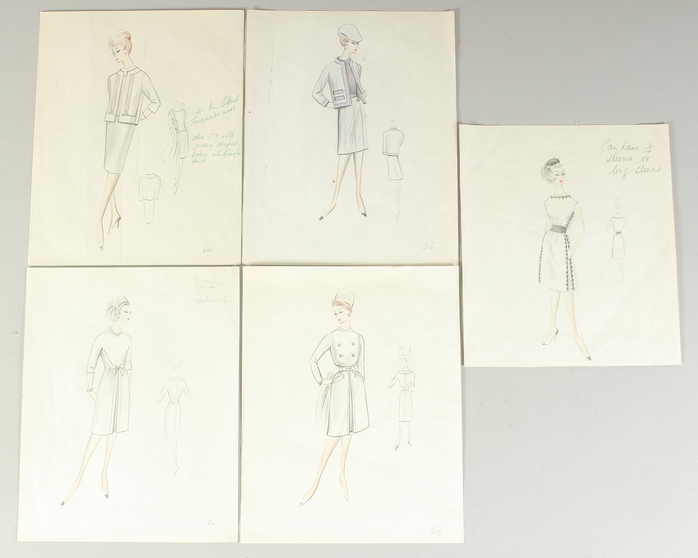 Circle of Hardy Amies, 5 ladies fashion sketches, coloured pencil, each paper size 9.75" x 7.75", (