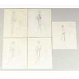 Circle of Hardy Amies, 5 ladies fashion sketches, coloured pencil, each paper size 9.75" x 7.75", (