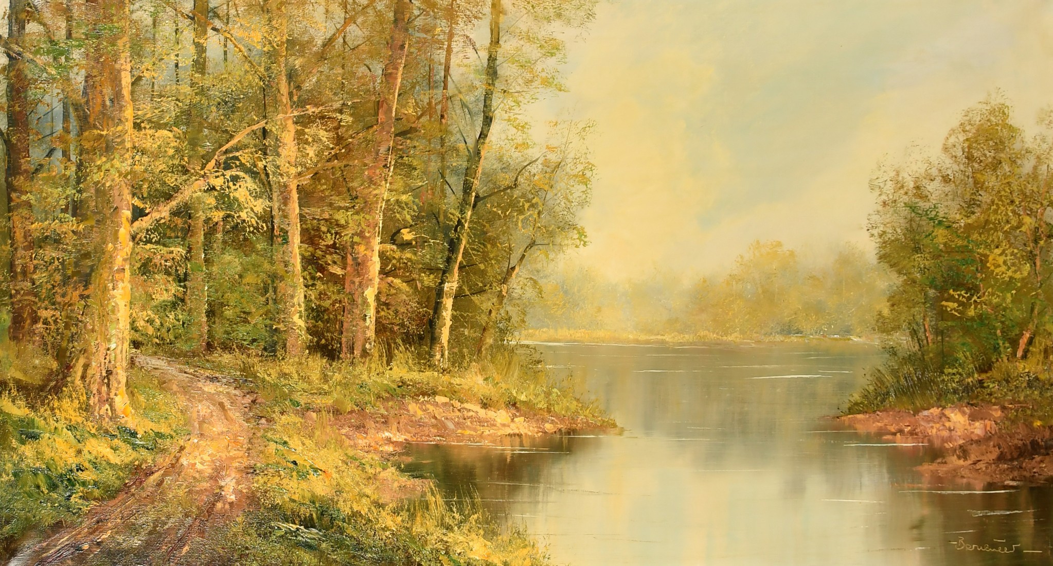 20th Century, A lake scene with trees, oil on canvas, indistinctly signed, 20" x 39.75", (51x91cm).
