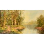 20th Century, A lake scene with trees, oil on canvas, indistinctly signed, 20" x 39.75", (51x91cm).