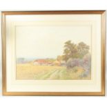 A summer landscape with a track to farm buildings, watercolour, 14.75" x 20.75", (37.5x53cm).