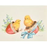 Ella Bruce (20th Century) Two chicks, one egg, watercolour, signed in pencil, 7" x 8", (18x20cm).