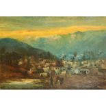 Figures approaching dwellings at dusk in an African or possibly Kashmir landscape, oil on canvas,