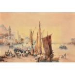 Circle of William Leighton Leitch, A busy continental river harbour, watercolour, 6.5" x 39.75", (