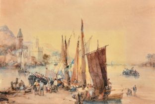 Circle of William Leighton Leitch, A busy continental river harbour, watercolour, 6.5" x 39.75", (