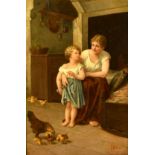 T. Molino (19th Century) Italian, a mother and child in a cottage interior with chickens feeding