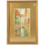A Venetian canal scene, watercolour, indistinctly signed, 14" x 7.5", (35.5x19cm).