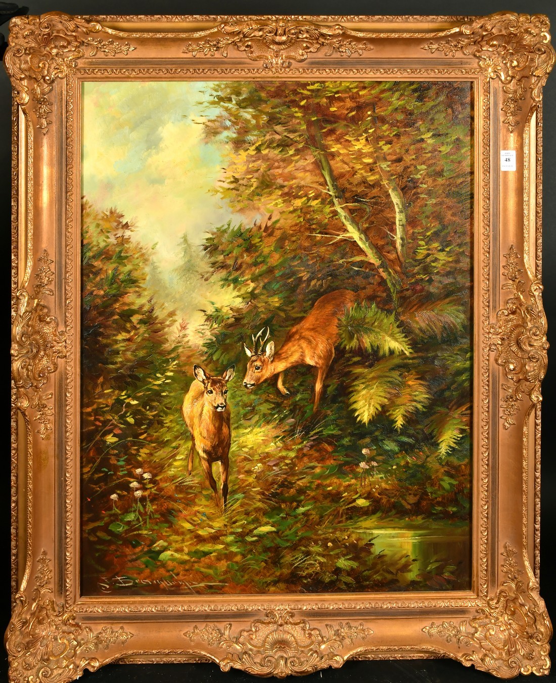 20th Century German School, two deer on an autumnal woodland path, oil on canvas, indistinctly - Image 4 of 4