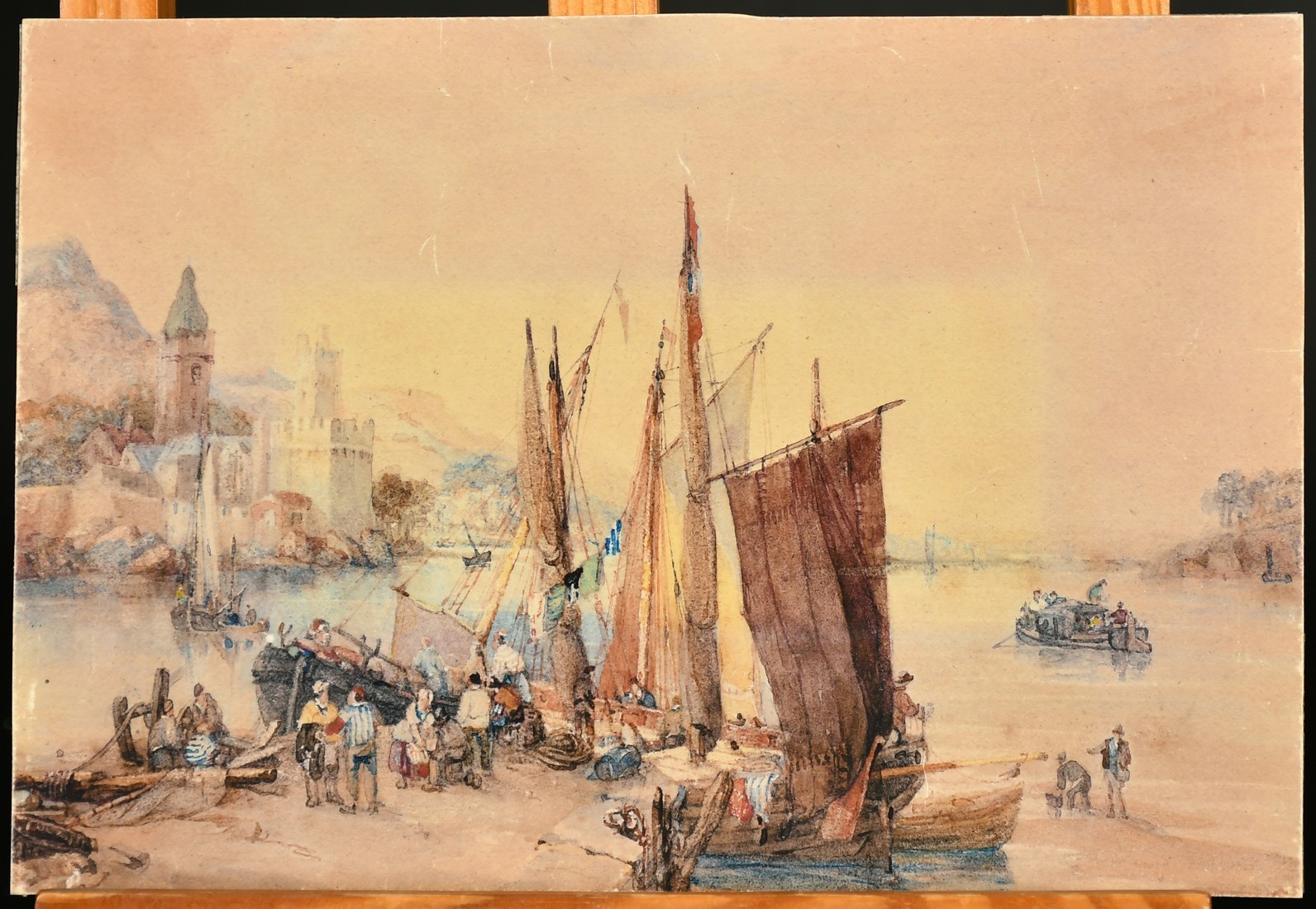 Circle of William Leighton Leitch, A busy continental river harbour, watercolour, 6.5" x 39.75", ( - Image 2 of 3