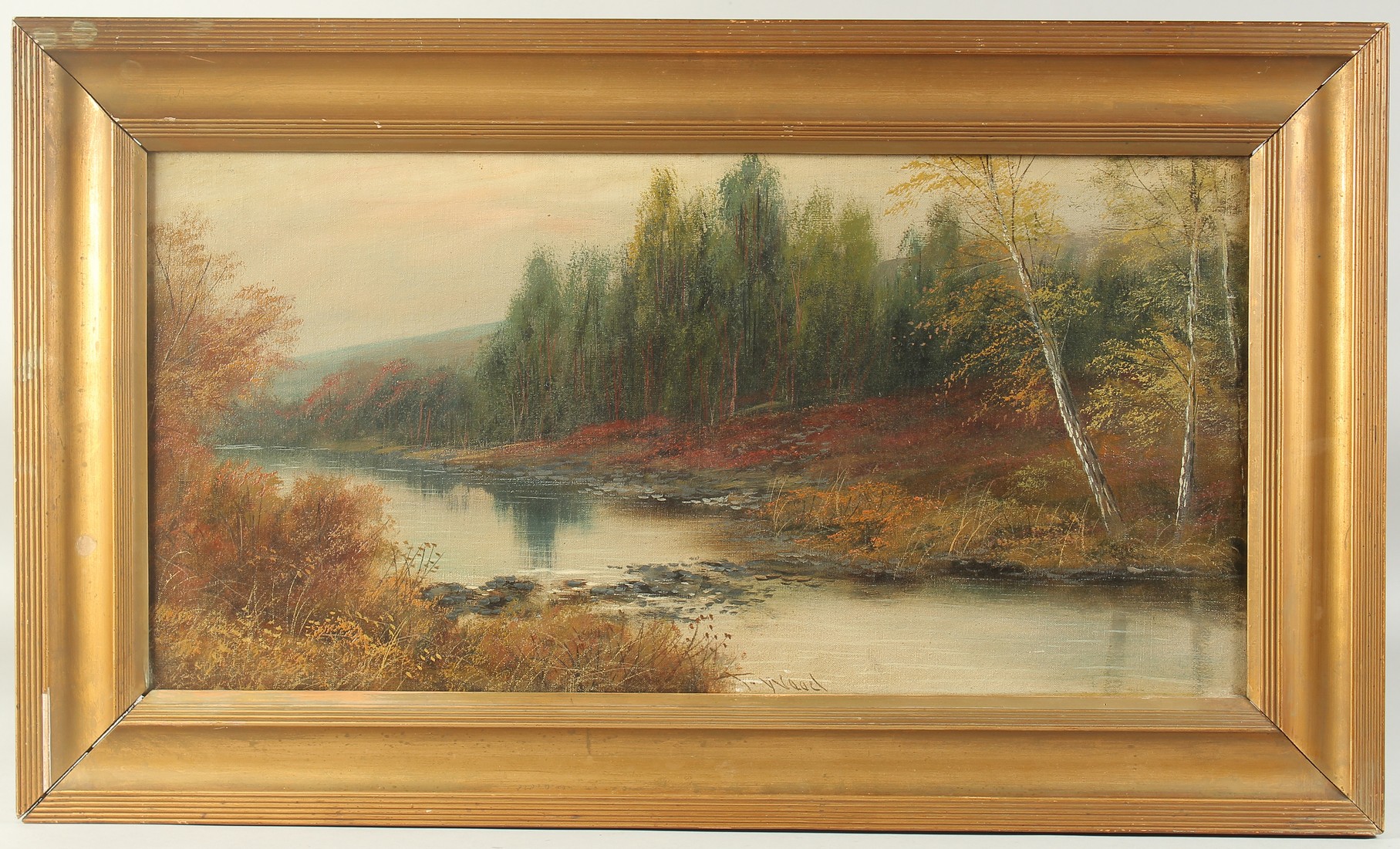 T. Wood, An Autumn view of a tranquil river scene, oil on canvas, signed, 12" x 24", (30.5x61cm).