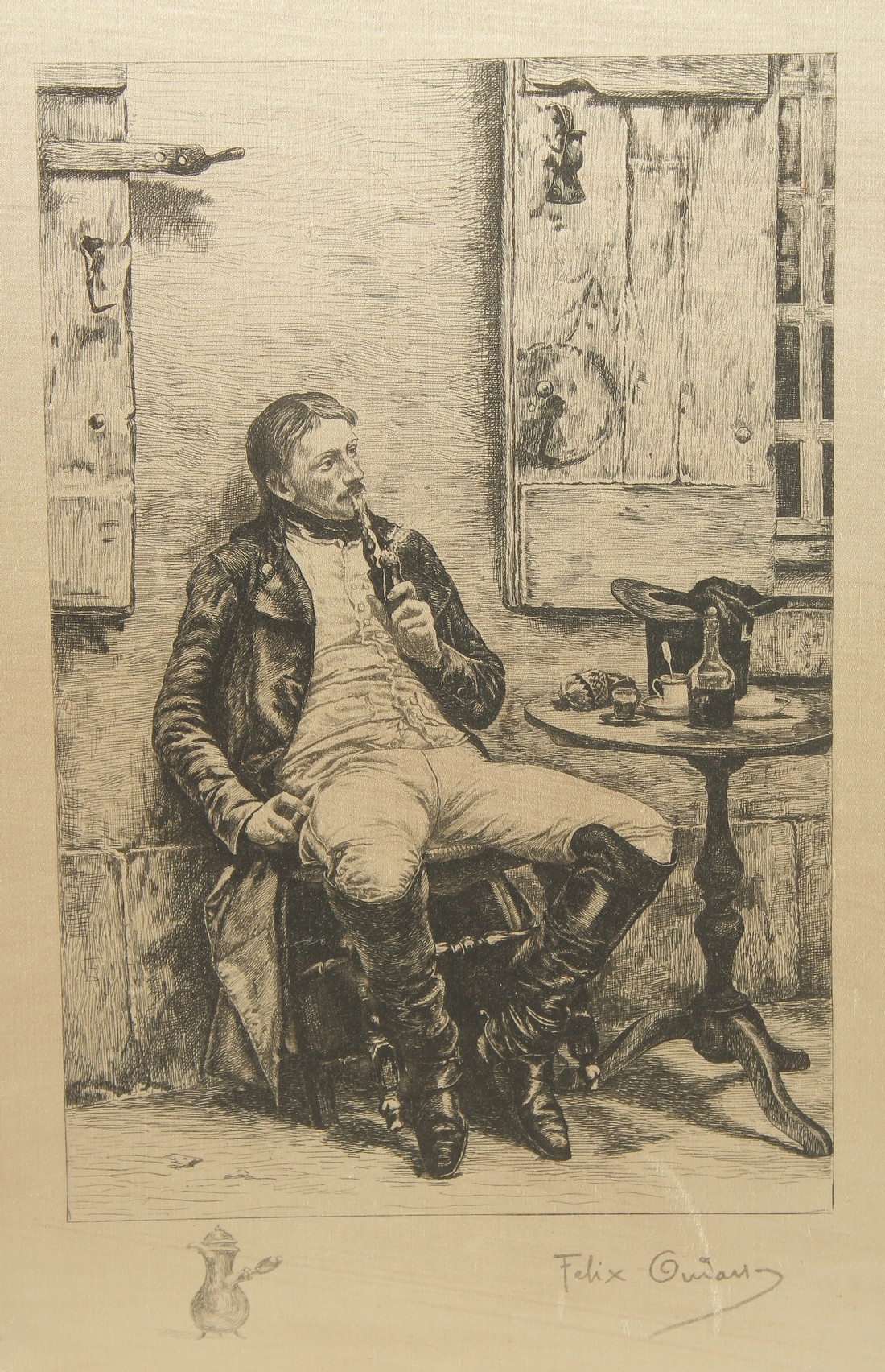 Felix Oudart (19th/20th Century), a print of a gentleman smoking a pipe, print on silk, signed in - Image 2 of 4