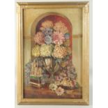 English School, circa 1943, a still life of flowers in an alcove surrounded by Oriental objects, oil