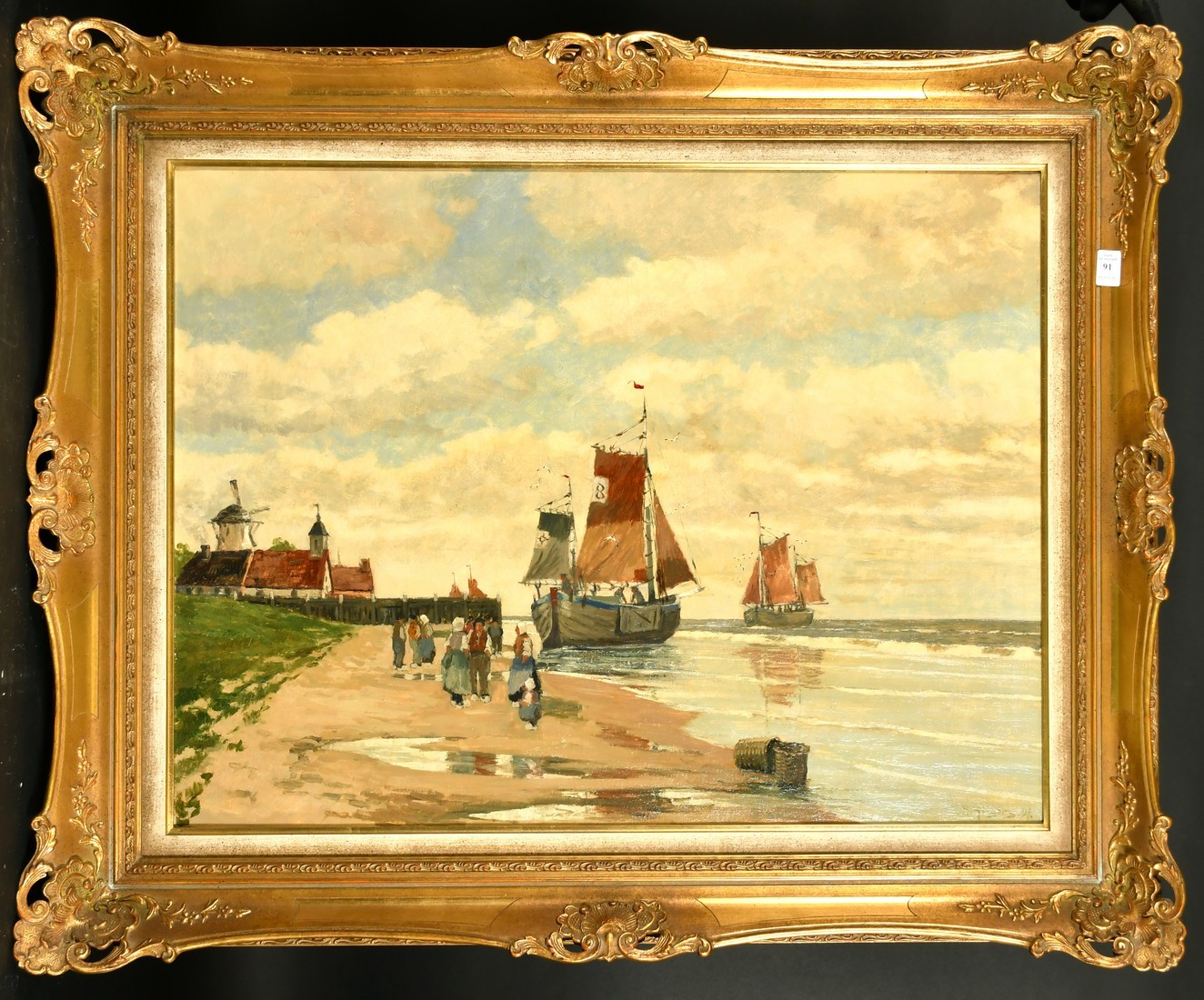 Adolf Hilgers (1879-1944) German, figures on a beach with barges moored close by, oil on canvas, - Image 4 of 4