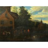 18th Century, possibly German School, Figures conversing in a landscape outside dwellings, oils on