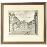 A street scene on market day with figures carrying shopping bags, watercolour and pen,