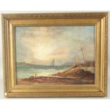 19th Century English School, A sailing boats in choppy seas outside a port, oil on canvas laid