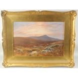 W.H. Dier, 'Dartmoor', a view of sheep grazing with a pink and yellow sunset, watercolour, inscribed