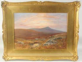 W.H. Dier, 'Dartmoor', a view of sheep grazing with a pink and yellow sunset, watercolour, inscribed