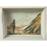 20th Century Continental School, an oil sketch of a wayfarer in an alpine landscape, indistinctly