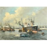 Early 20th Century Continental School, ships and barges on a busy city river, oil on canvas, 19.