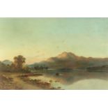 Late 19th Century, figures in a rowing boat on a Highland Loch at dusk, oil on canvas, 20" x 30" (51