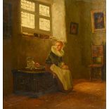 Dutch School, circa 1900, An interior scene with a young lady seated on a wooden coffer next to a