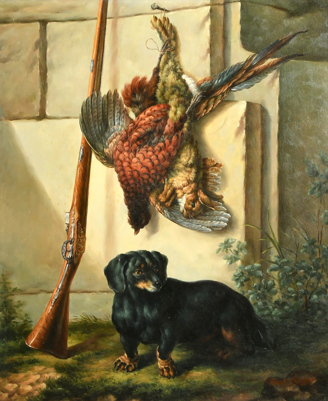 Ernst Dreffer (20th Century) German School, a proud Dachshund standing beneath the day's bag, oil on