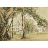 Circle of G.B Campion, View of a grand house through trees, pencil and watercolour heightened with