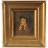 Late 19th Century, a study of a man playing a harmonica, oil possibly over a print base, 4.25" x 3.