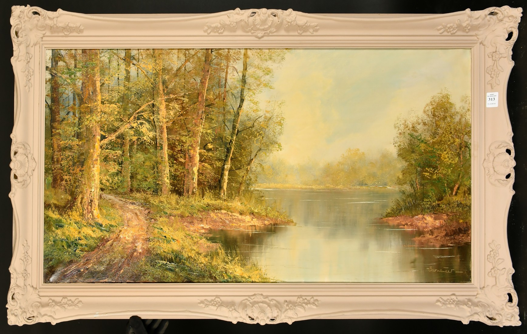 20th Century, A lake scene with trees, oil on canvas, indistinctly signed, 20" x 39.75", (51x91cm). - Image 2 of 4