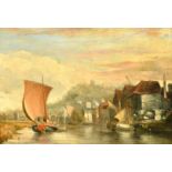 19th Century, barges approaching a town quay with a hilltop castle beyond, oil on canvas, 20" x 29",