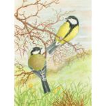 Ella Bruce (20th Century, Great Tits on a branch, watercolour, signed, 10" x 7", (25.5x18cm) (