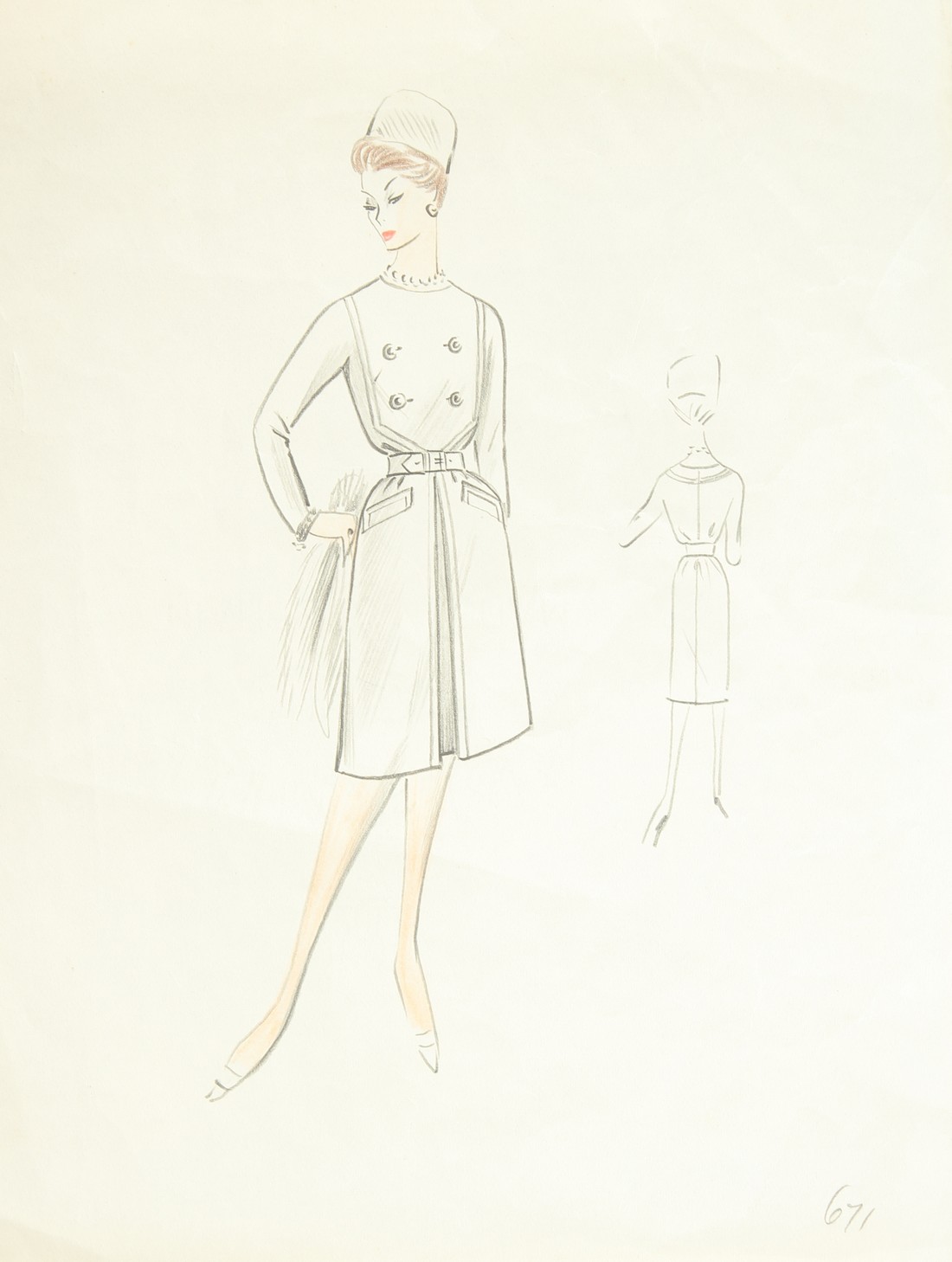 Circle of Hardy Amies, 5 ladies fashion sketches, coloured pencil, each paper size 9.75" x 7.75", ( - Image 5 of 6