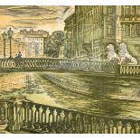 Eastern European School, Figures on a canal bridge, colour wood engraving, signed in pencil, label