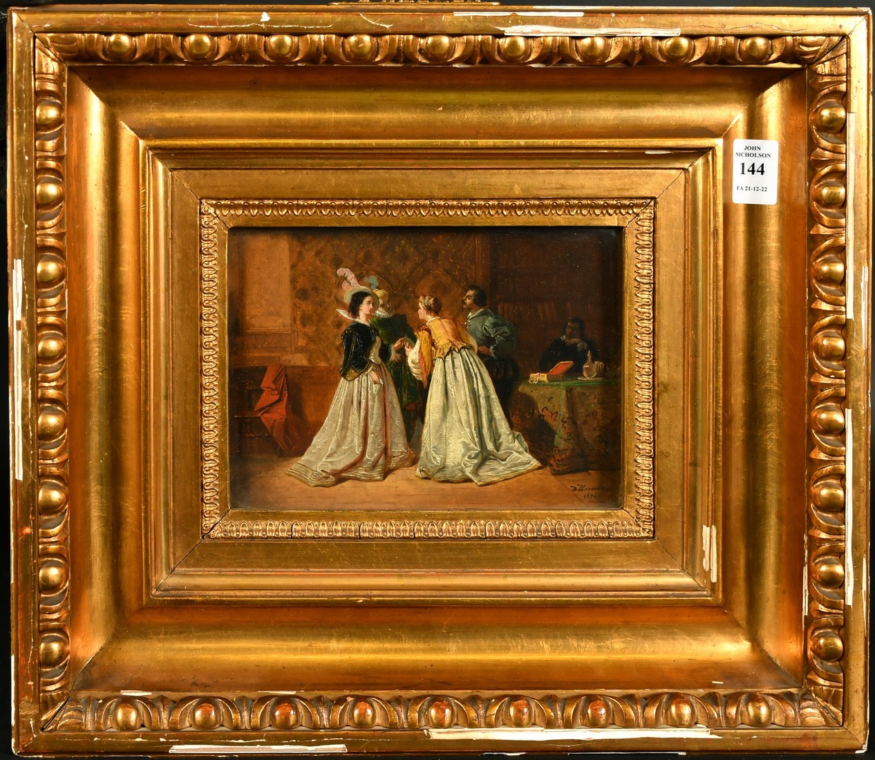 D'Haemer, circa 1870, elegant figures conversing in a lavish interior, oil on canvas, signed and - Image 3 of 4