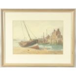 Sailing boats in a harbour wall at low tide with houses on the quay, possibly Leith, watercolour,