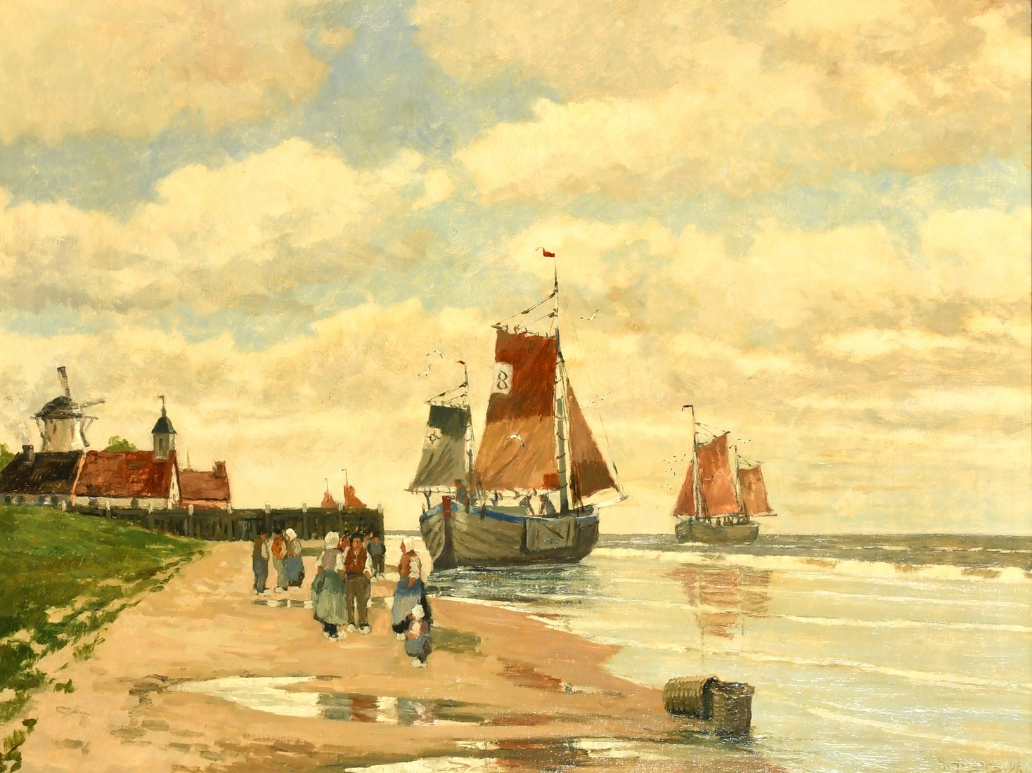 Adolf Hilgers (1879-1944) German, figures on a beach with barges moored close by, oil on canvas,