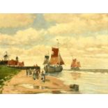 Adolf Hilgers (1879-1944) German, figures on a beach with barges moored close by, oil on canvas,
