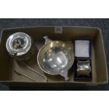 A silver twin handled bowl, a boxed silver napkin ring, plated sugar tongs and cut glass and