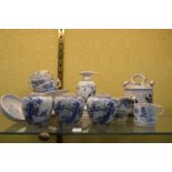 A set of three blue and white pot pourri vases and other blue and white china.