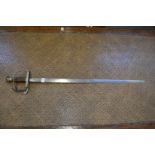 A sword with tapering double edged plain blade, wire bound grip with plated pommel, cross guard