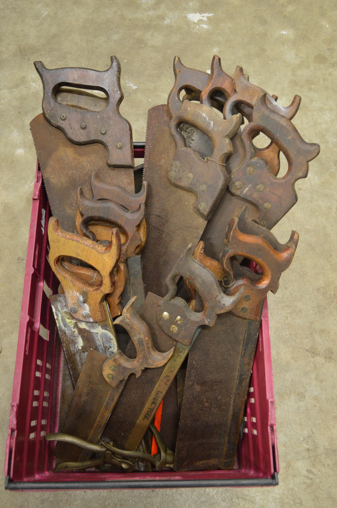 Large quantity of old carpenters saws.