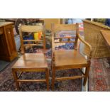 A set of six country made elm solid seat dining chairs, two with arms.