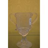 An etched glass twin handled pedestal cup 'A present from Hebden Bridge'.