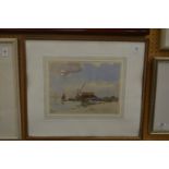 C A Morris, coastal landscape with buildings and sailing dinghies, watercolour, signed.