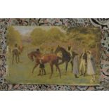 An Edwardian horse racing scene, possibly over a print base, unframed.