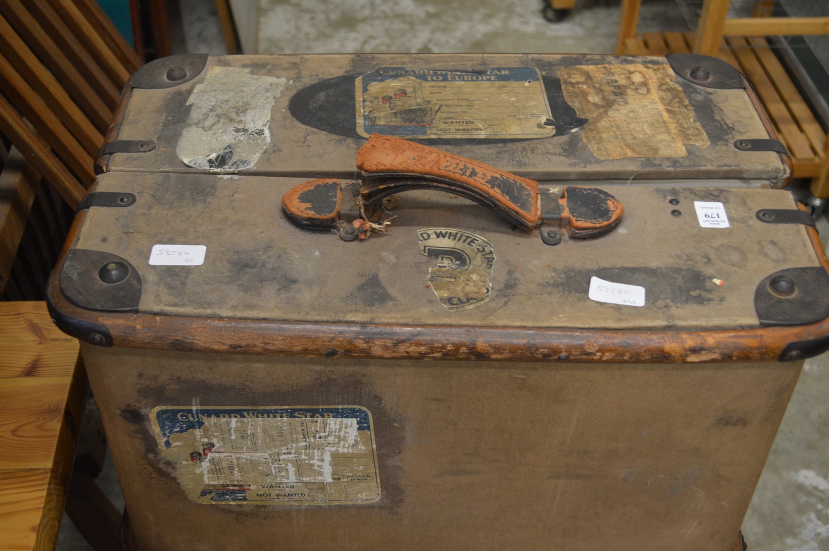 An old wardrobe trunk with Cunnard and other labels. - Image 2 of 3