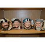 Three large Royal Doulton toby jugs, Aramis, Trapper, The Falconer and Don Quixote.